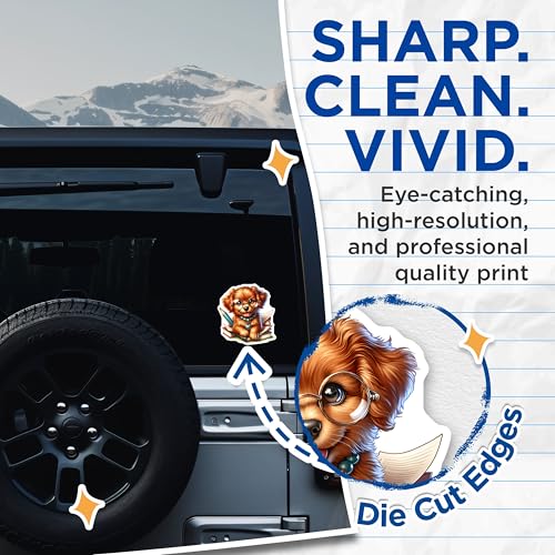 (2 Pack) Cute Puppy Stickers - Adorable Dog Reading - Puppy with Books and Glasses - 5" On Longest Side - Sticks to Smooth Flat Surfaces - Made in USA - BMCS9393