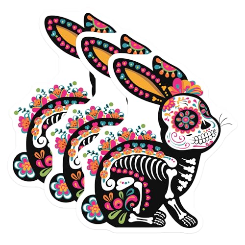 (3 Pack) Sugar Skull Rabbit Decals - Dia de Muertos Bunny - Laptop Decals - 3 Inches On Longest Side - Easy Peel & Apply - Made in USA - 3MCS8229