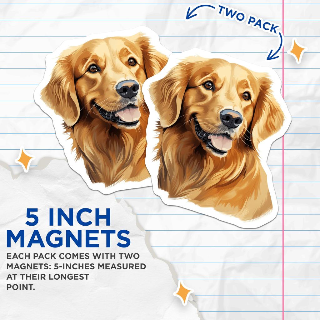 (2 Pack) Golden Retriever Magnets - Dog Lover Decor - Happy Pet Refrigerator Accessory - Animal Art Kitchen Item - 5 Inches On Longest Side - Thick Durable Magnet - Made in USA - MAG26530