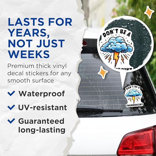 (2 Pack) Don't Be A Thundercunt Stickers - Funny Cloud Lightning Stickers - Humorous Warning Sticker - 5" On Longest Side - Sticks to Smooth Flat Surfaces - Made in USA - BMCS4514