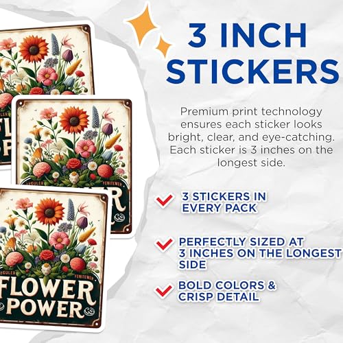 (3 Pack) Flower Power Decals - Floral Laptop Decal - Botanical Art Decals- 3 Inches On Longest Side - Easy Peel & Apply - Made in USA - 3MCS5160