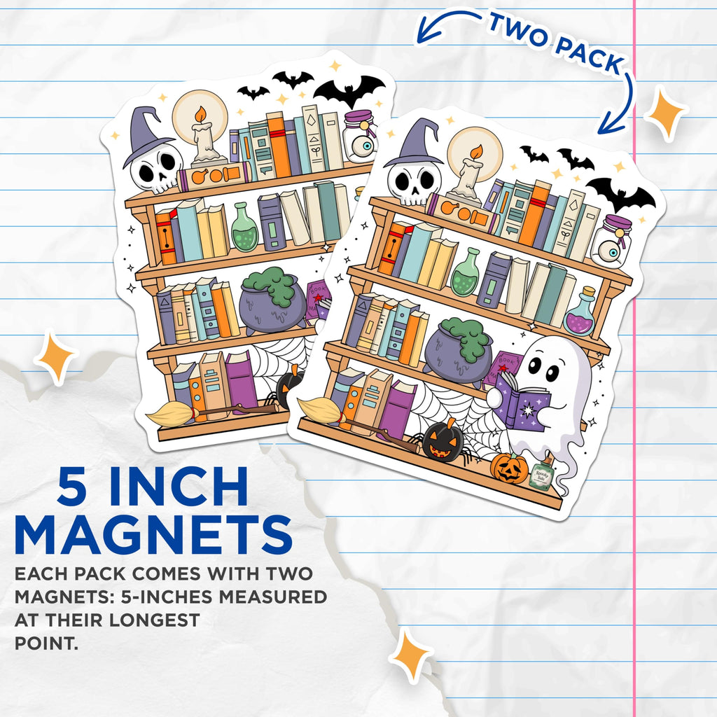 (2 Pack) Halloween Bookshelf Magnets - Spooky Ghost Decor - Witchy Home Accent - 5" On Longest Side - Premium Magnet - for Cars, Refrigerators, Toolboxes, Lockers - Made in USA - MAG17675