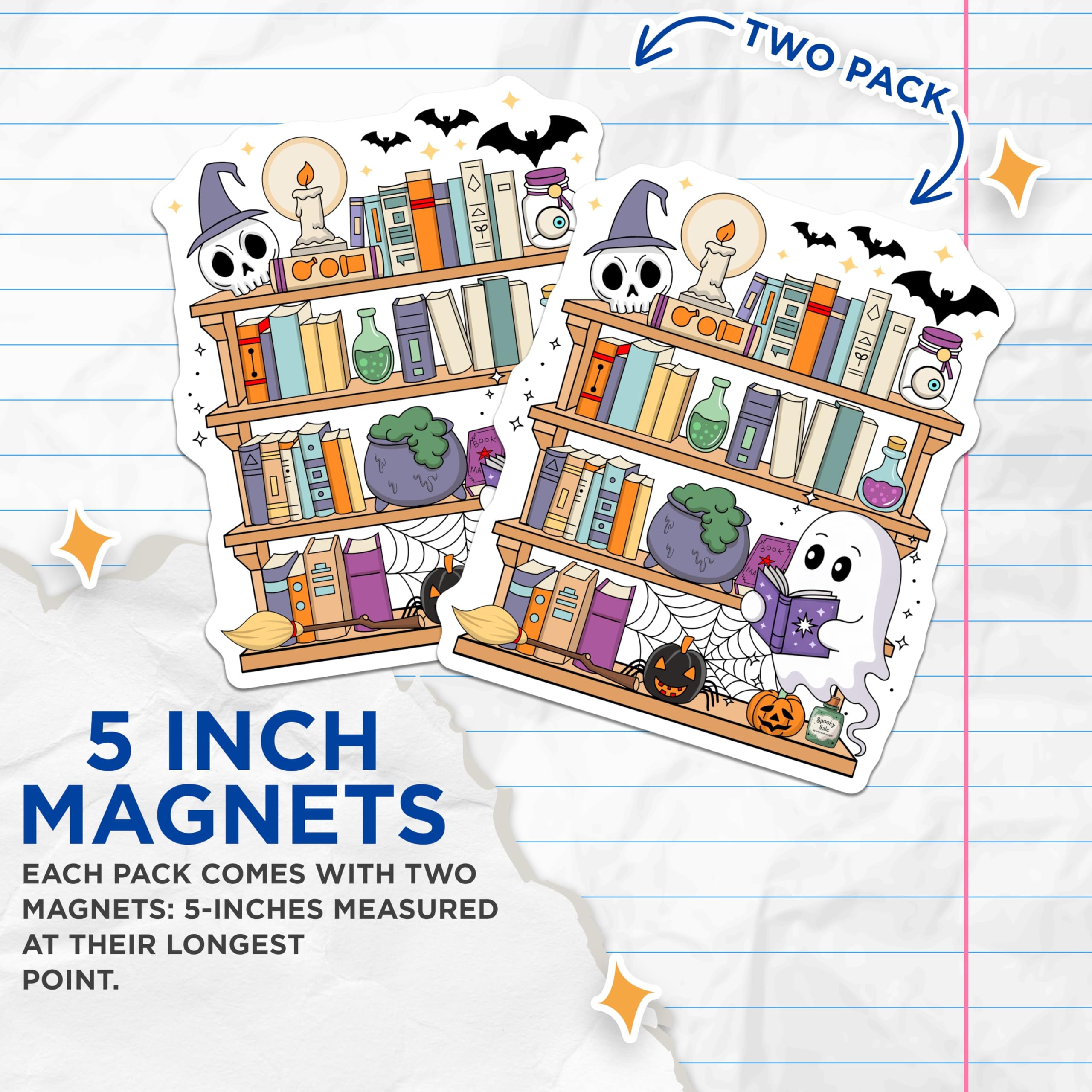 (2 Pack) Halloween Bookshelf Magnets - Spooky Ghost Decor - Witchy Home Accent - 5" On Longest Side - Premium Magnet - for Cars, Refrigerators, Toolboxes, Lockers - Made in USA - MAG17675