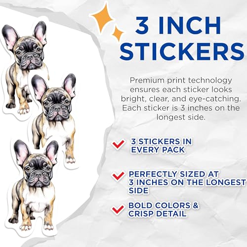 (3 Pack) French Bulldog Decals - Dog Breed Stickers - Cute Puppy Art - 3 Inches On Longest Side - Easy Peel & Apply - Made in USA - 3MCS1062