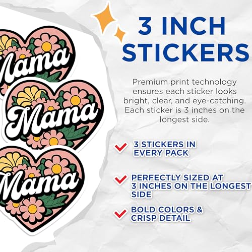 (3 Pack) Mama Heart Decals - Floral Mama Decal - Mother's Day Laptop Decals - 3 Inches On Longest Side - Easy Peel & Apply - Made in USA - 3MCS2683