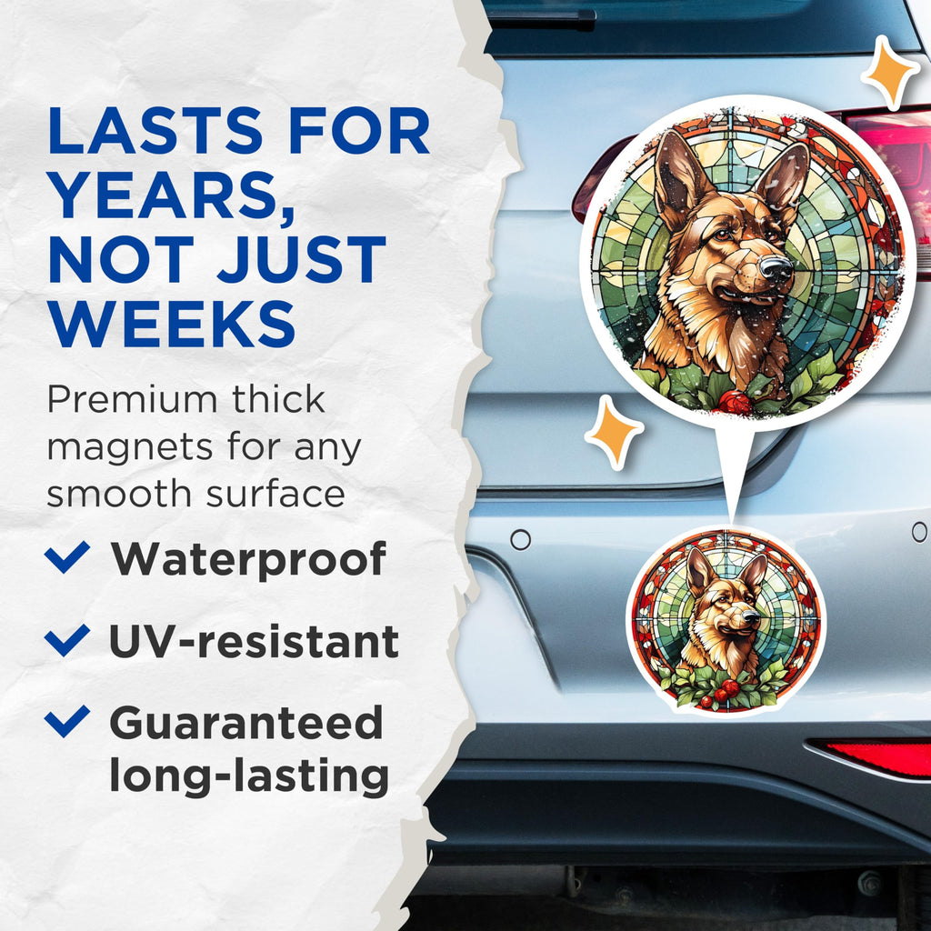 (2 Pack) German Shepherd Magnets - Dog Lover Decor - Faux Stained Glass Art - Pet Breed Refrigerator Magnets - 5 Inches On Longest Side - Thick Durable Magnet - Made in USA - MAG30957