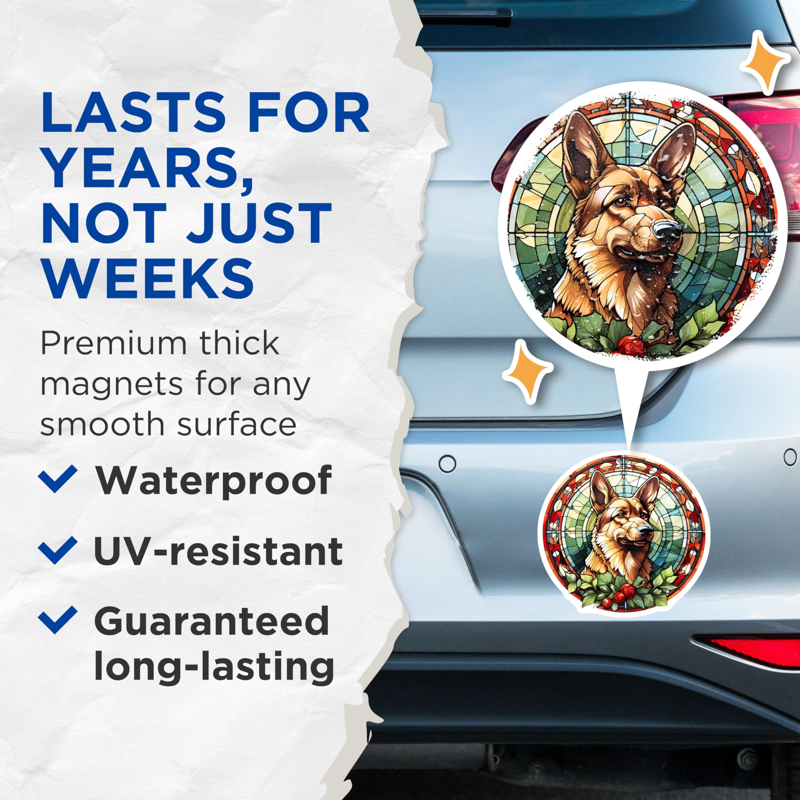 (2 Pack) German Shepherd Magnets - Dog Lover Decor - Faux Stained Glass Art - Pet Breed Refrigerator Magnets - 5 Inches On Longest Side - Thick Durable Magnet - Made in USA - MAG30957