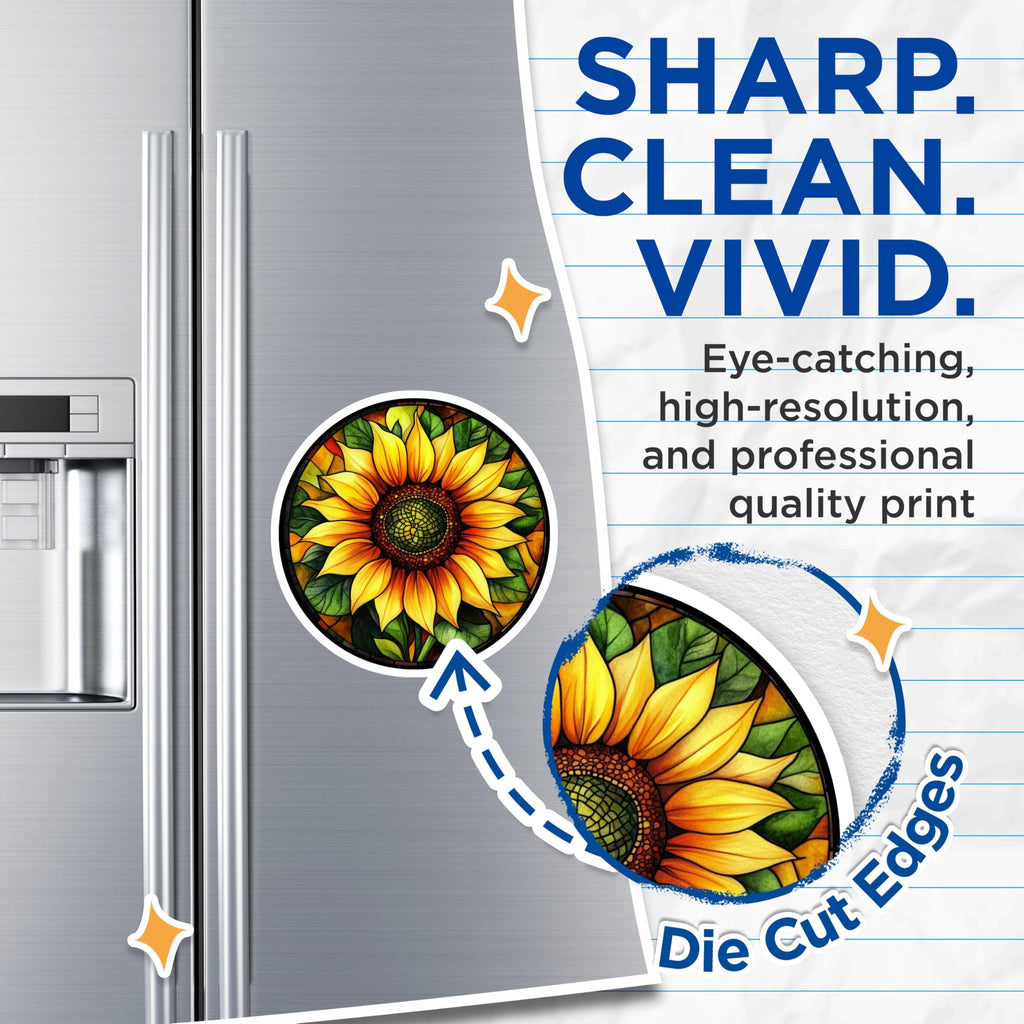 (2 Pack) Stained Glass Sunflower Magnets - Floral Art Decor - Vibrant Kitchen Fridge Accent - 5 Inches On Longest Side - Thick Durable Magnet - Made in USA - MAG23870