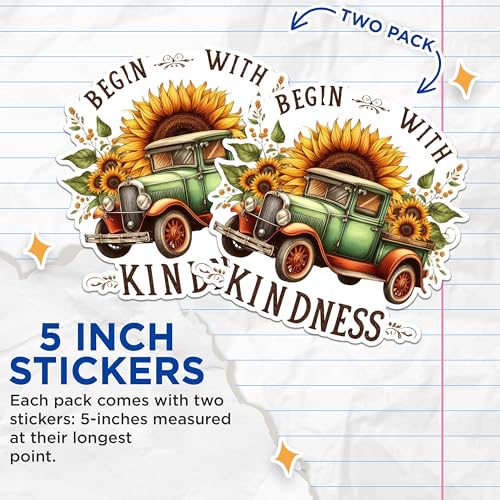 (2 Pack) Begin with Kindness Stickers - Sunflower Truck Stickers - Inspirational Quote Stickers - 5" On Longest Side - Sticks to Any Smooth Flat Surface - Made in USA - BMCS2904
