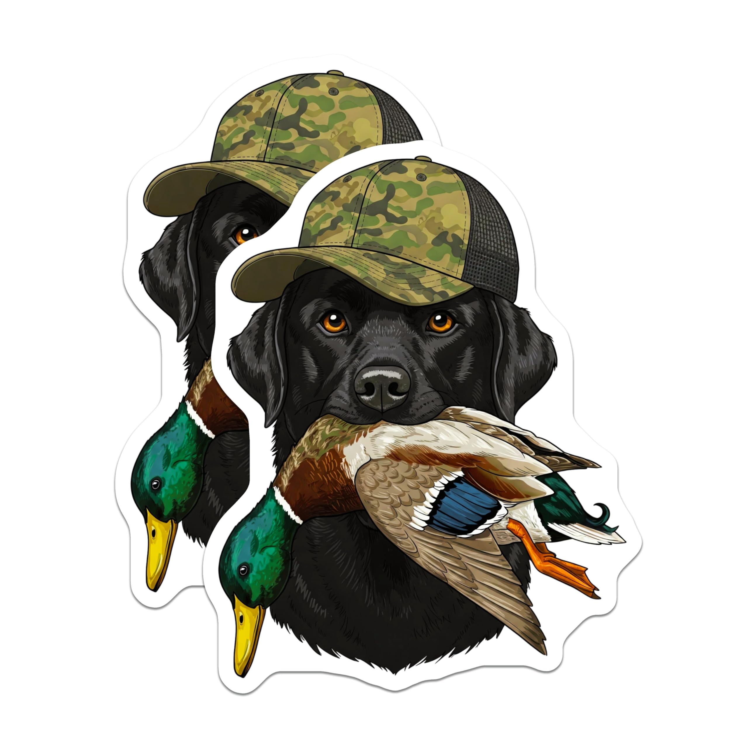 (2 Pack) Black Lab Hunting Dog Magnets - Mallard Duck Retriever - Camouflage Hat Hunter Art - 5 Inches On Longest Side - Thick Durable Magnet - Made in USA - MAG20110