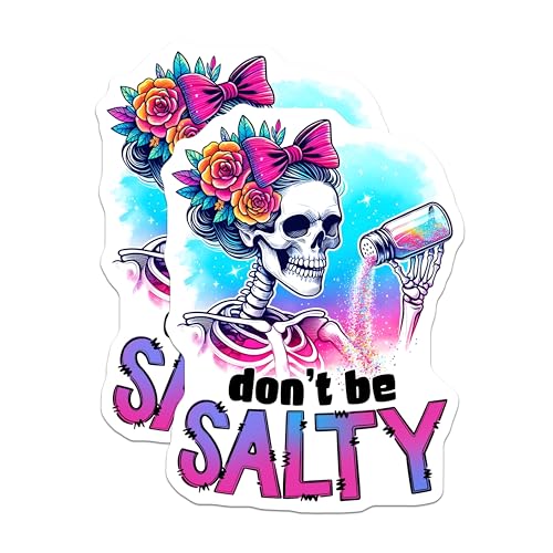 (2 Pack) Don't Be Salty Stickers - Skeleton Art - Colorful Skull Design - 5" On Longest Side - Sticks to Smooth Flat Surfaces - Made in USA - BMCS9779