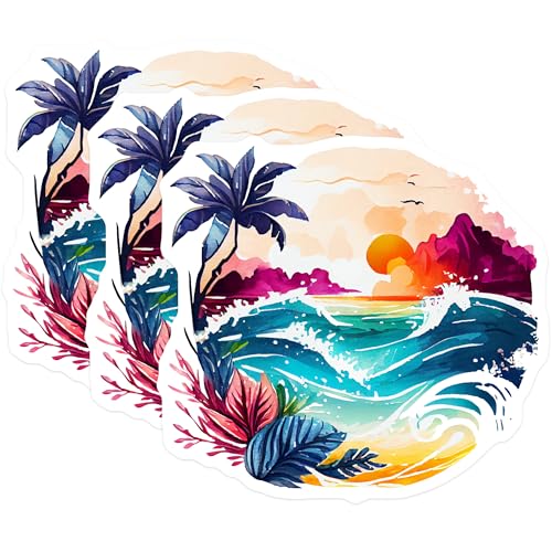 (3 Pack) Tropical Beach Decals - Sunset Palm Tree - Ocean Wave Art - 3 Inches On Longest Side - Easy Peel & Apply - Made in USA - 3MCS8033