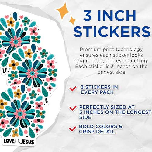(3 Pack) Love Like Jesus Decals - Floral Christian Decal - Inspirational Laptop Decals - 3 Inches On Longest Side - Easy Peel & Apply - Made in USA - 3MCS1894