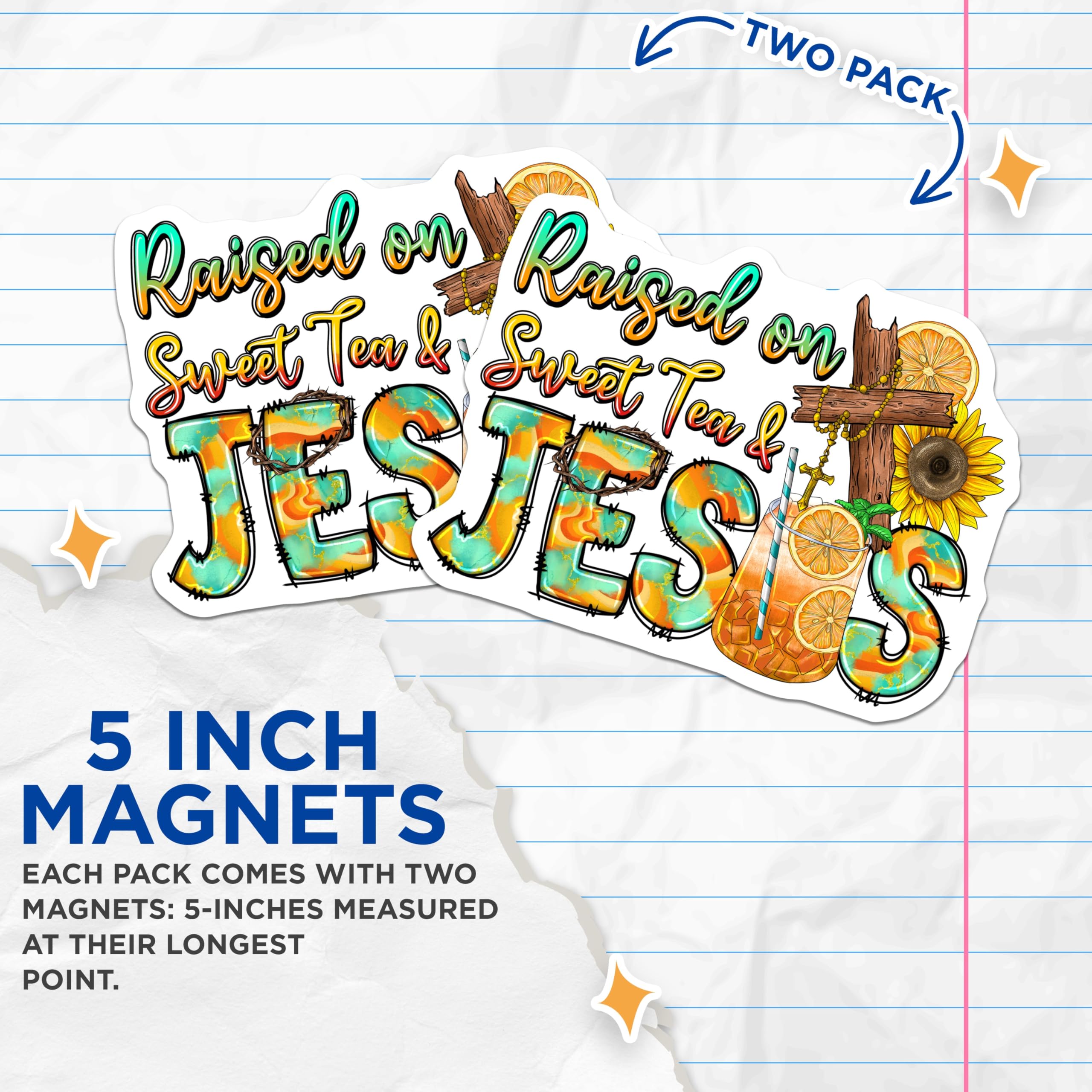 (2 Pack) Raised on Sweet Tea and Jesus Magnets - Southern Faith Decor - Christian Home Accents - 5 Inches On Longest Side - Thick Durable Magnet - Made in USA - MAG24079