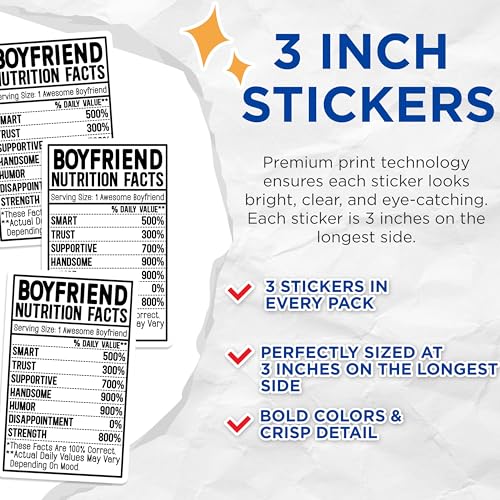 (3 Pack) Boyfriend Nutrition Facts Decals - Funny Boyfriend - Love Decal - 3 Inches On Longest Side - Easy Peel & Apply - Made in USA - 3MCS2726
