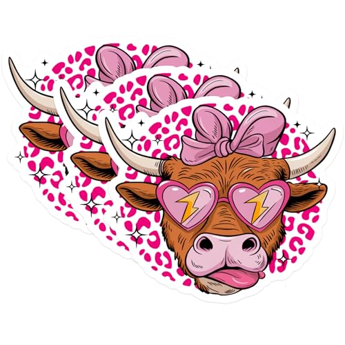 (3 Pack) Cow with Glasses Decals - Pink Leopard Print - Laptop Decal - 3 Inches On Longest Side - Easy Peel & Apply - Made in USA - 3MCS1743