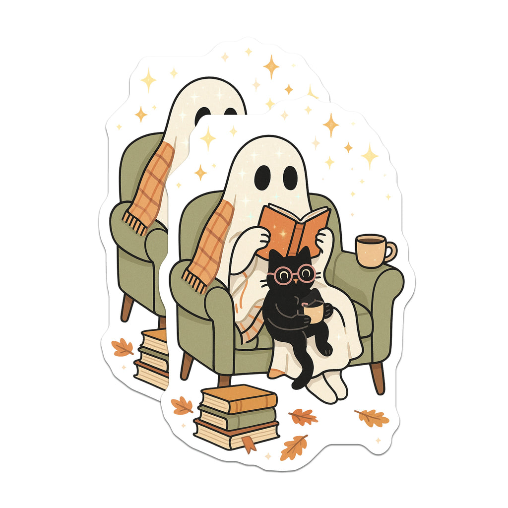 (2 Pack) Cozy Ghost Reading Magnets - Bookish Cat Autumn Decor - Halloween Fridge Locker - 5 Inches On Longest Side - Thick Durable Magnet - Made in USA - MAG37305