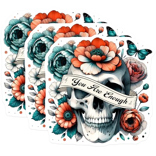 (3 Pack) Skull Flower Decals - You are Enough - Laptop Decal - 3 Inches On Longest Side - Easy Peel & Apply - Made in USA - 3MCS6150