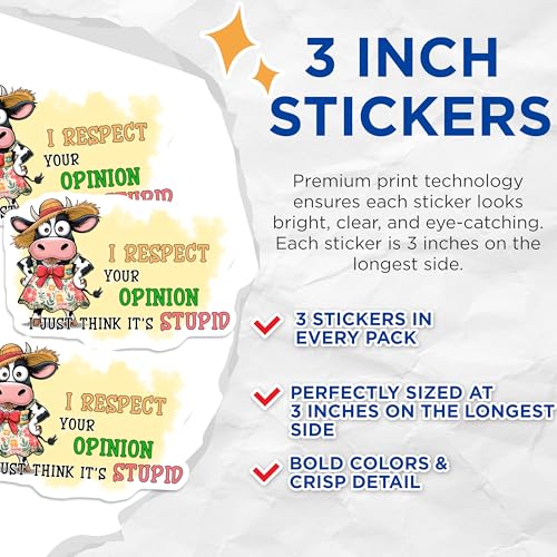 (3 Pack) Funny Cow Decals - Sarcastic Humor Sticker - I Respect Your Opinion Laptop Decal - 3 Inches On Longest Side - Easy Peel & Apply - Made in USA - 3MCS8476