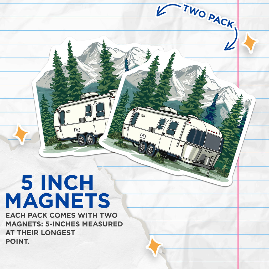 (2 Pack) Retro Camper Magnets - Mountain Pine Tree Forest RV Decor - Travel Outdoor Adventure Refrigerator Magnet Set - 5 Inches On Longest Side - Thick Durable Magnet - Made in USA - MAG36212