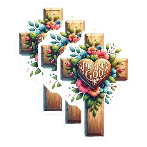(3 Pack) Christian Cross Decals - Praise God Heart Art - Floral Church Stickers- 3 Inches On Longest Side - Easy Peel & Apply - Made in USA - 3MCS5794