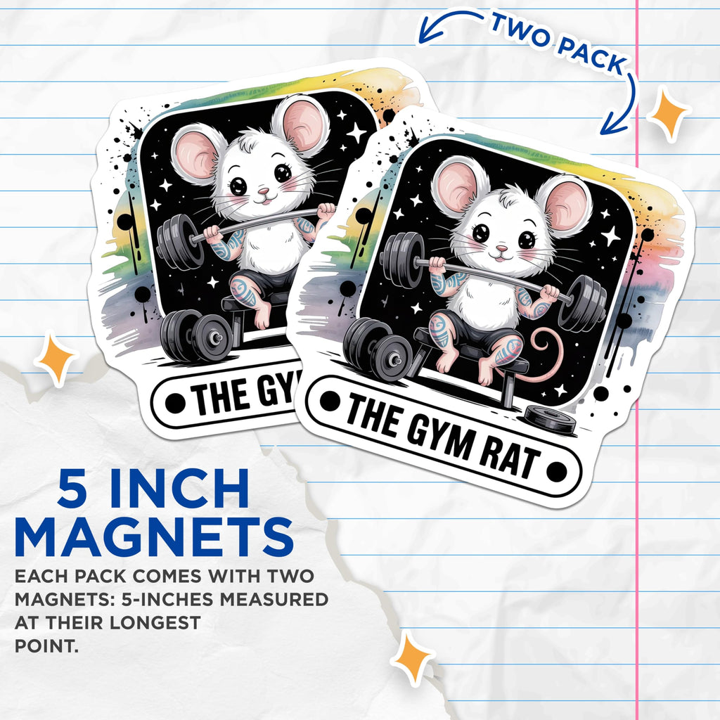 (2 Pack) Gym Rat Magnets - Cute Weightlifting Mouse - Funny Fitness Decor - Bodybuilding Animal Refrigerator Locker Accent - 5 Inches On Longest Side - Thick Durable Magnet - Made in USA - MAG21782