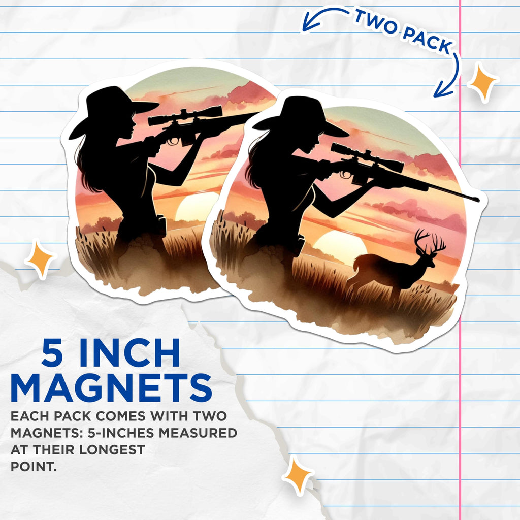 (2 Pack) Woman Hunter Magnets - Big Buck Hunting Silhouette - Sunset Wilderness Scene - Rifle Woman Outdoor Sports - 5 Inches On Longest Side - Thick Durable Magnet - Made in USA - MAG19891