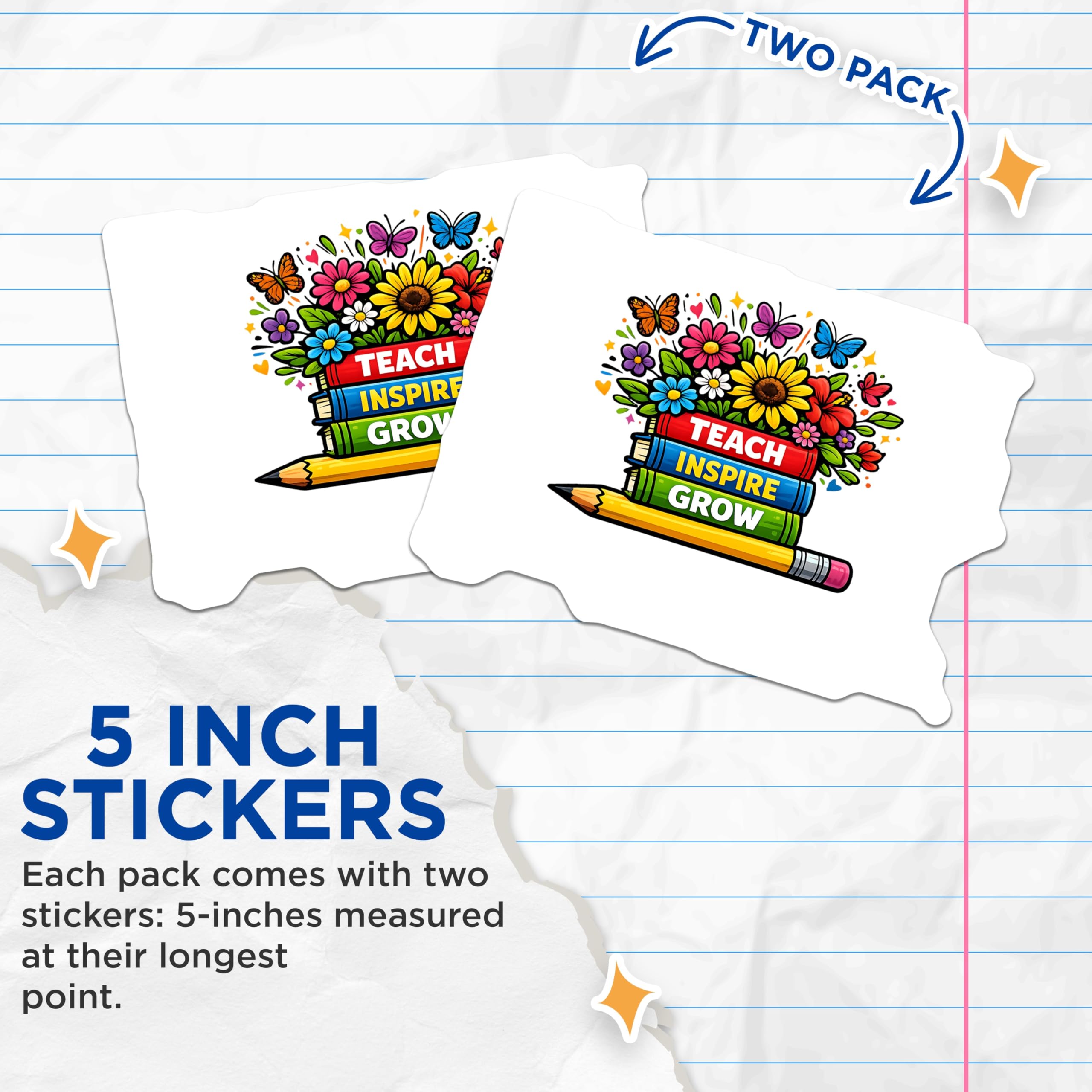 (2 Pack) Teacher Stickers - Teach Inspire Grow - Educator Appreciation - School Supplies - 5" On Longest Side - Sticks to Smooth Flat Surfaces - Made in USA - BMCS21809