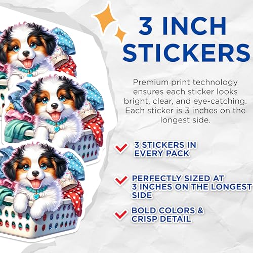 (3 Pack) Puppy in Laundry Decals - Cute Dog Sticker - Kawaii Animal Laptop Decal - 3 Inches On Longest Side - Easy Peel & Apply - Made in USA - 3MCS8177