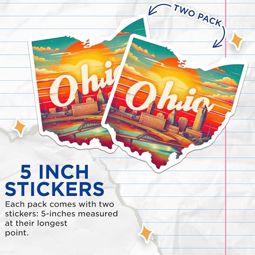 (2 Pack) Ohio State Stickers - Ohio City Skyline Stickers - Vibrant Ohio Map Stickers - 5" On Longest Side - Sticks to Smooth Flat Surfaces - Made in USA - BMCS5235
