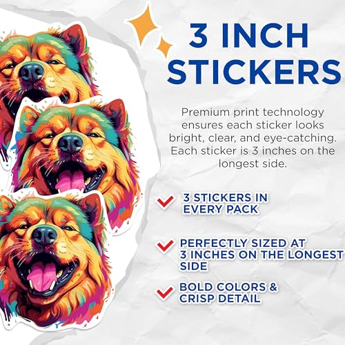 (3 Pack) Chow Chow Decals - Colorful Dog Decal - Laptop Decal - 3 Inches On Longest Side - Easy Peel & Apply - Made in USA - 3MCS0705