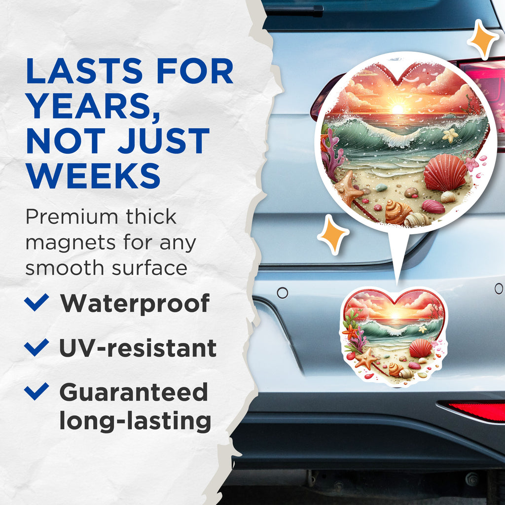 (2 Pack) Coastal Sunset Magnets - Ocean Beach Decor - Heart Shaped Seashell Starfish Magnet - 5 Inches On Longest Side - Thick Durable Magnet - Made in USA - MAG37713