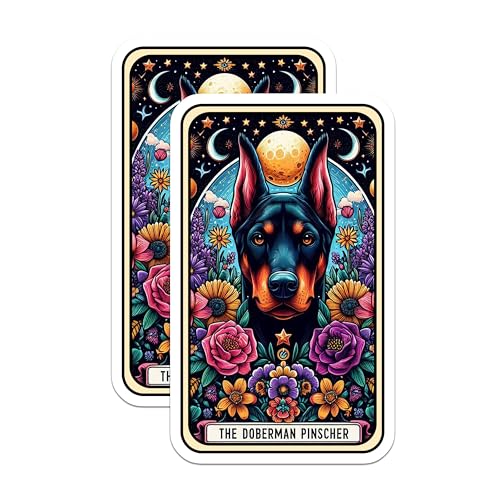 (2 Pack) Doberman Pinscher Dog Stickers - Artistic Dog Stickers - Vibrant Florals and Moon Stickers - 5" On Longest Side - Sticks to Smooth Flat Surfaces - Made in USA - BMCS4832
