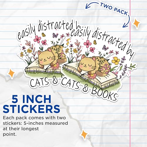 (2 Pack) Easily Distracted by Cats and Books Stickers - Cute Cat and Book Lover Stickers - Fun Floral Reading Stickers - 5" On Longest Side - Sticks to Any Smooth Flat Surface - Made in USA - BMCS2872