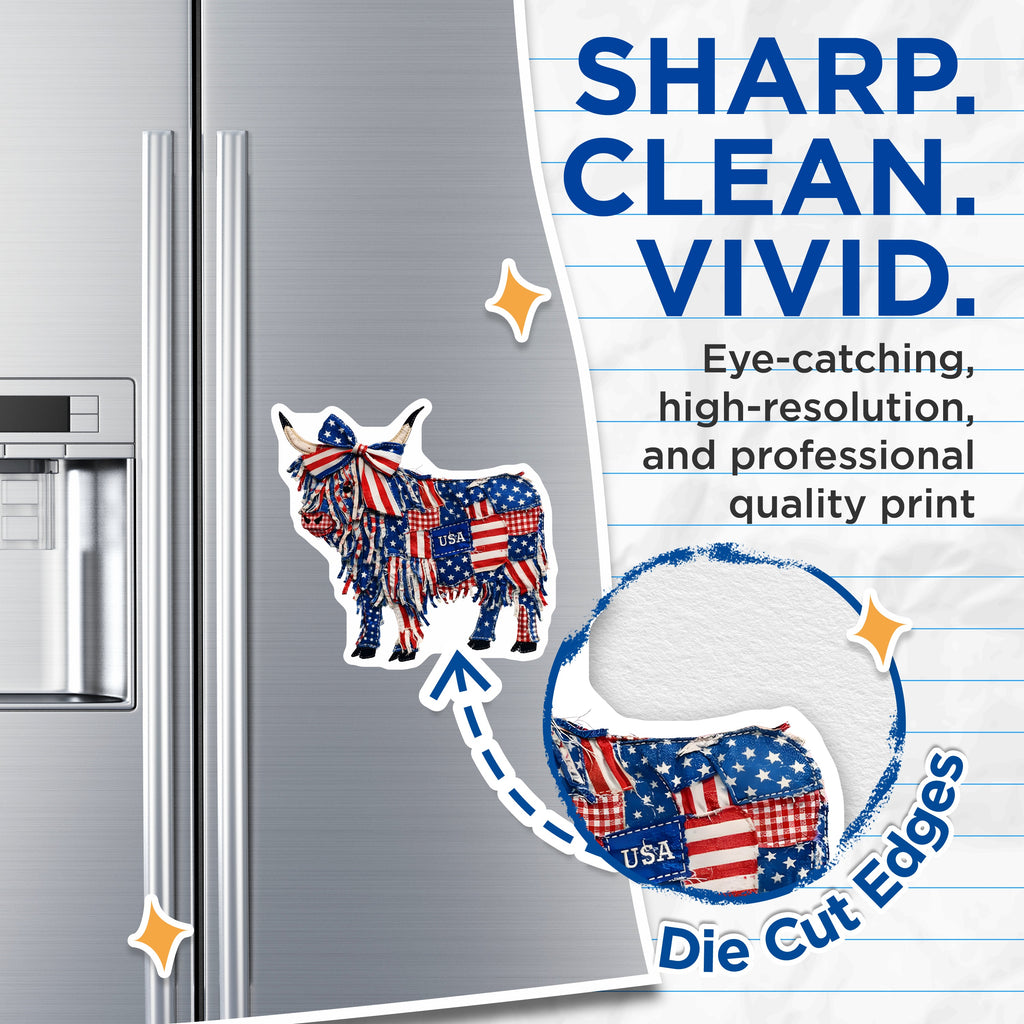 (2 Pack) American Flag Cow Magnets - Patriotic Highland Animal Decor - 4th of July Farmhouse Kitchen Art - 5 Inches On Longest Side - Thick Durable Magnet - Made in USA - MAG38776