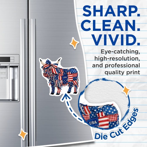 (2 Pack) American Flag Cow Magnets - Patriotic Highland Animal Decor - 4th of July Farmhouse Kitchen Art - 5 Inches On Longest Side - Thick Durable Magnet - Made in USA - MAG38776