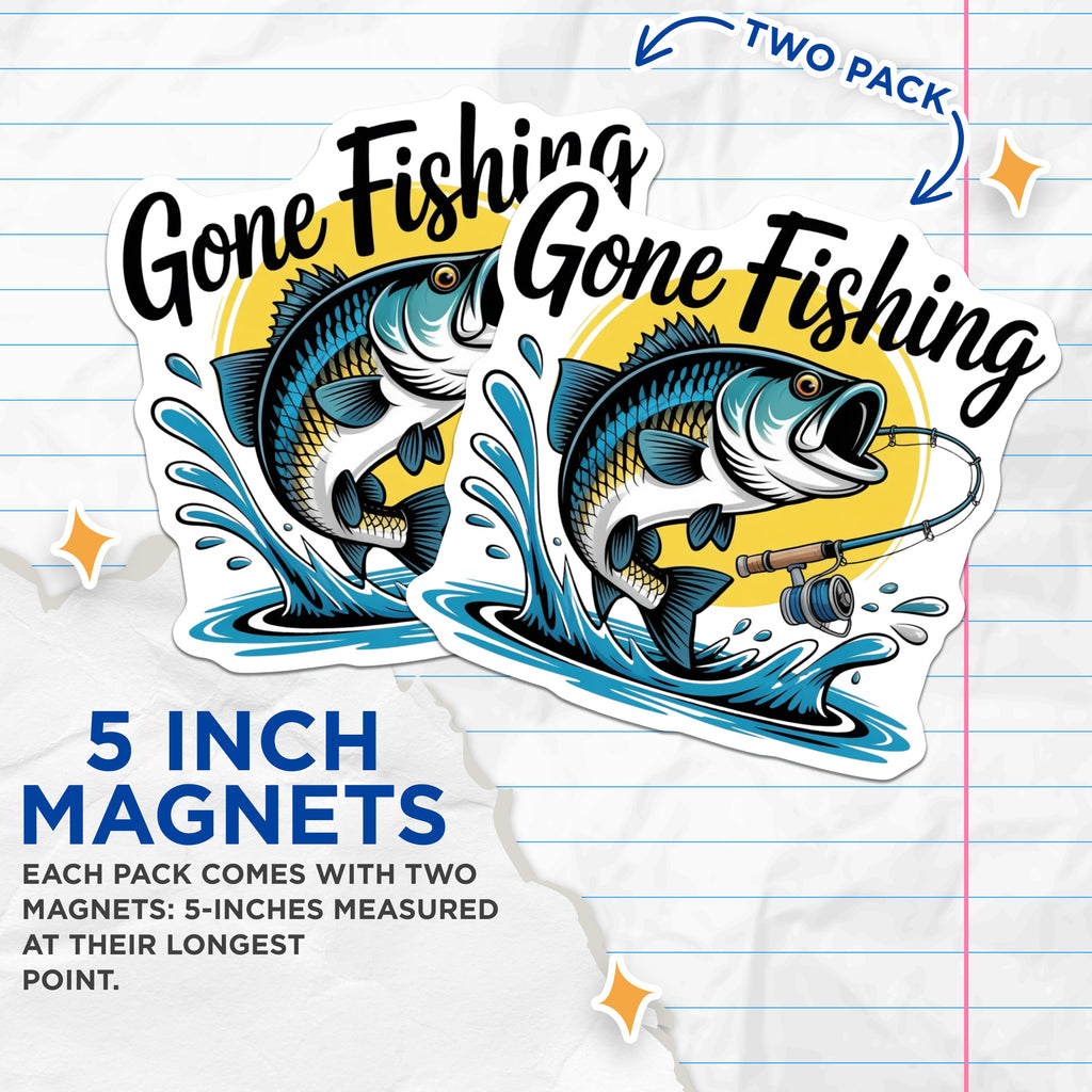(2 Pack) Gone Fishing Magnets - Bass Fisherman Enthusiast - Outdoors Lake Life Decor - 5 Inches On Longest Side - Thick Durable Magnet - Made in USA - MAG38969