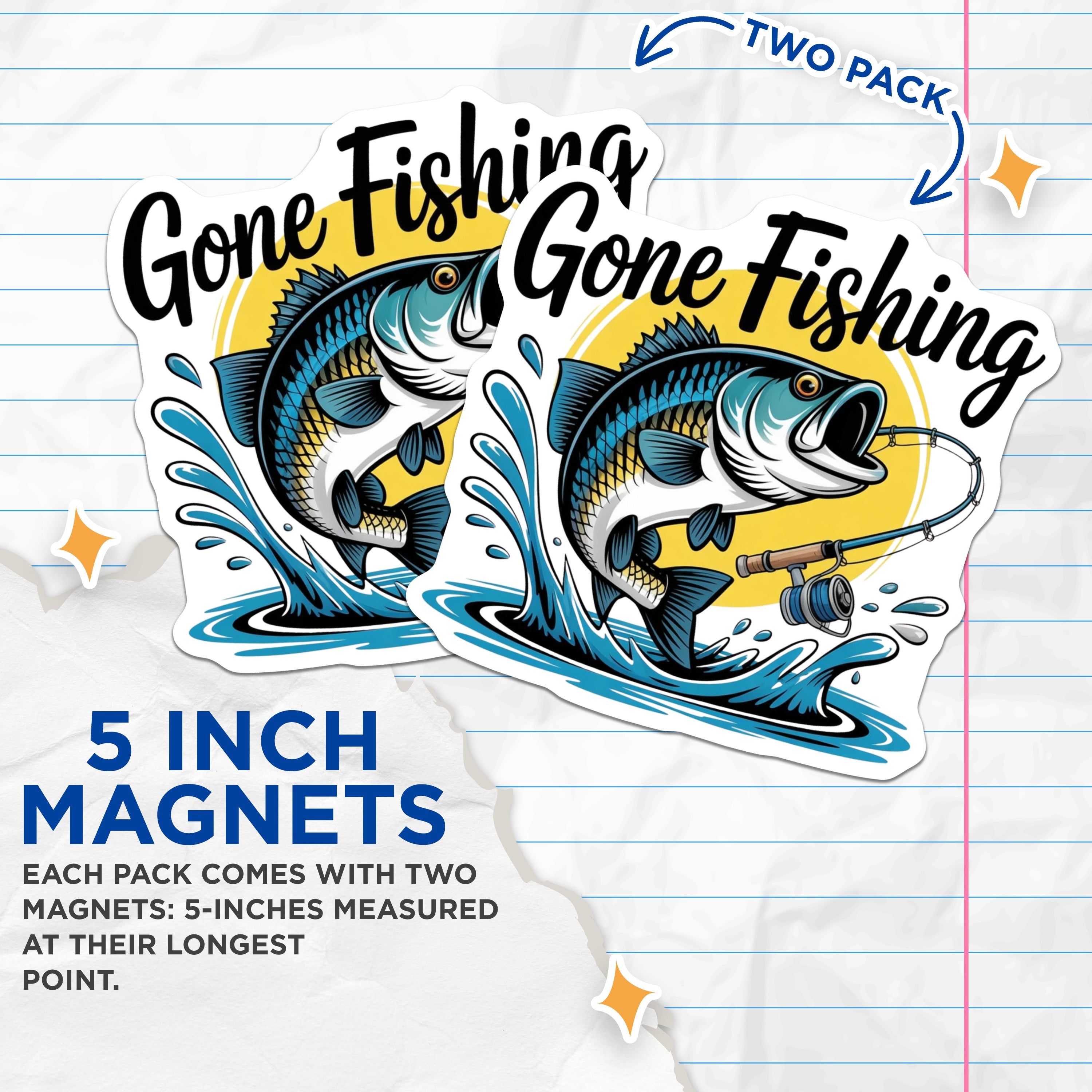 (2 Pack) Gone Fishing Magnets - Bass Fisherman Enthusiast - Outdoors Lake Life Decor - 5 Inches On Longest Side - Thick Durable Magnet - Made in USA - MAG38969