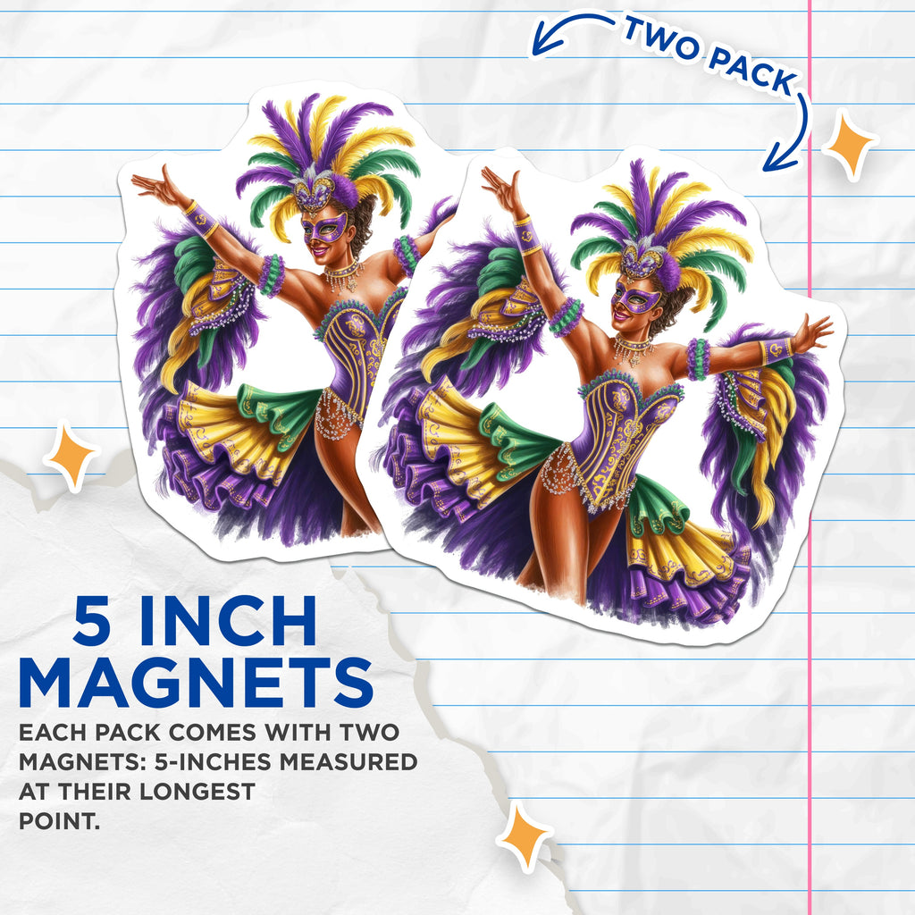 (2 Pack) Mardi Gras Woman Magnets - New Orleans Carnival Decor - Festive Celebration Art - 5 Inches On Longest Side - Thick Durable Magnet - Made in USA - MAG36727