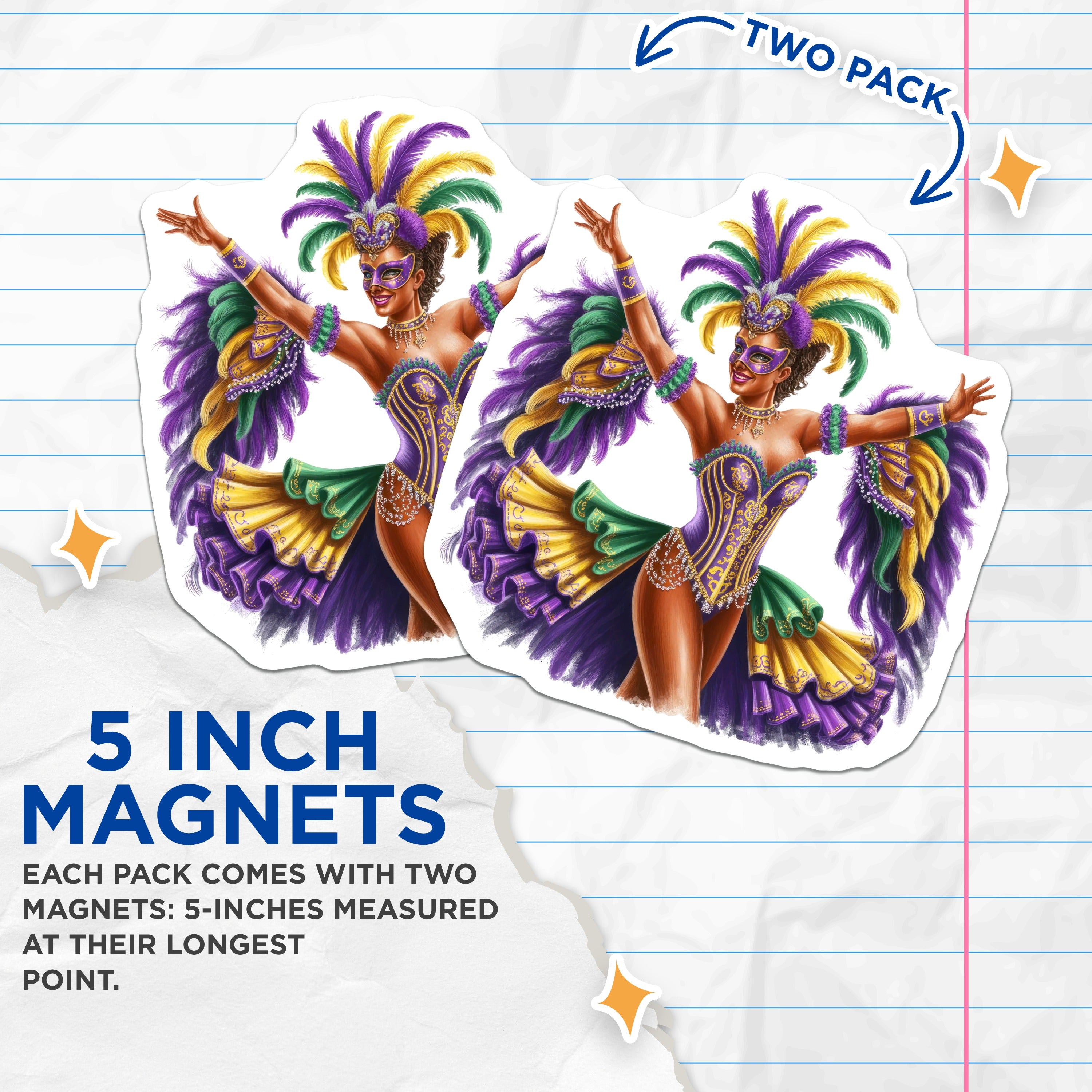 (2 Pack) Mardi Gras Woman Magnets - New Orleans Carnival Decor - Festive Celebration Art - 5 Inches On Longest Side - Thick Durable Magnet - Made in USA - MAG36727