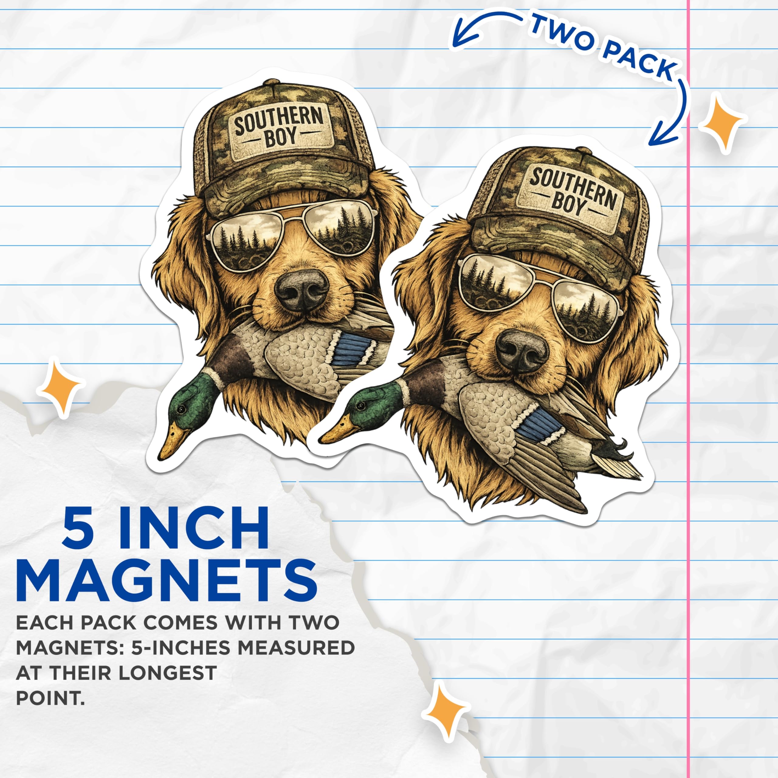 (2 Pack) Golden Retriever Magnets - Southern Boy Hunter Dog - Mallard Duck Outdoorsman Decor - 5 Inches On Longest Side - Thick Durable Magnet - Made in USA - MAG19752