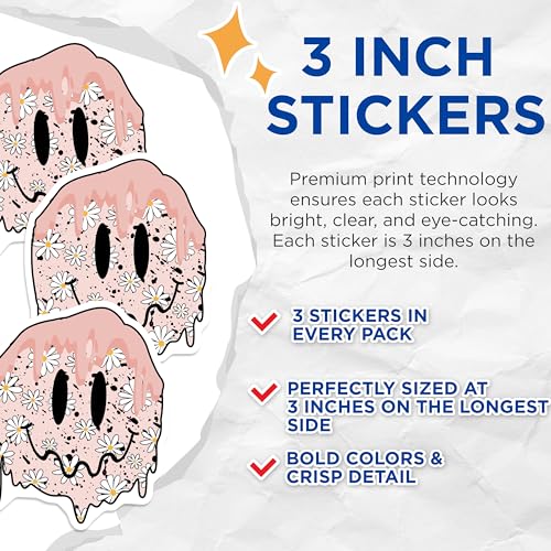 (3 Pack) Smiley Face Decals - Melting Face - Daisy Flower Decal- 3 Inches On Longest Side - Easy Peel & Apply - Made in USA - 3MCS5003