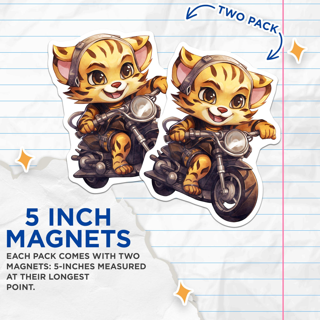 (2 Pack) Tiger on Motorcycle Magnets - Cute Animal Art - Fridge Magnets - 5" On Longest Side - Premium Magnet - for Cars, Refrigerators, Toolboxes, Lockers - Made in USA - MAG17047