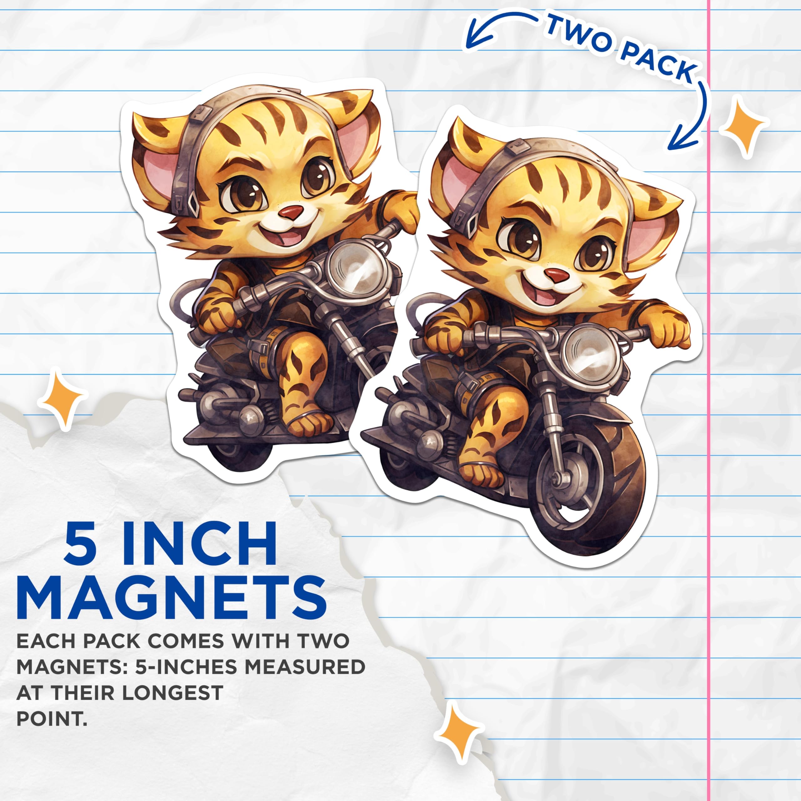 (2 Pack) Tiger on Motorcycle Magnets - Cute Animal Art - Fridge Magnets - 5" On Longest Side - Premium Magnet - for Cars, Refrigerators, Toolboxes, Lockers - Made in USA - MAG17047