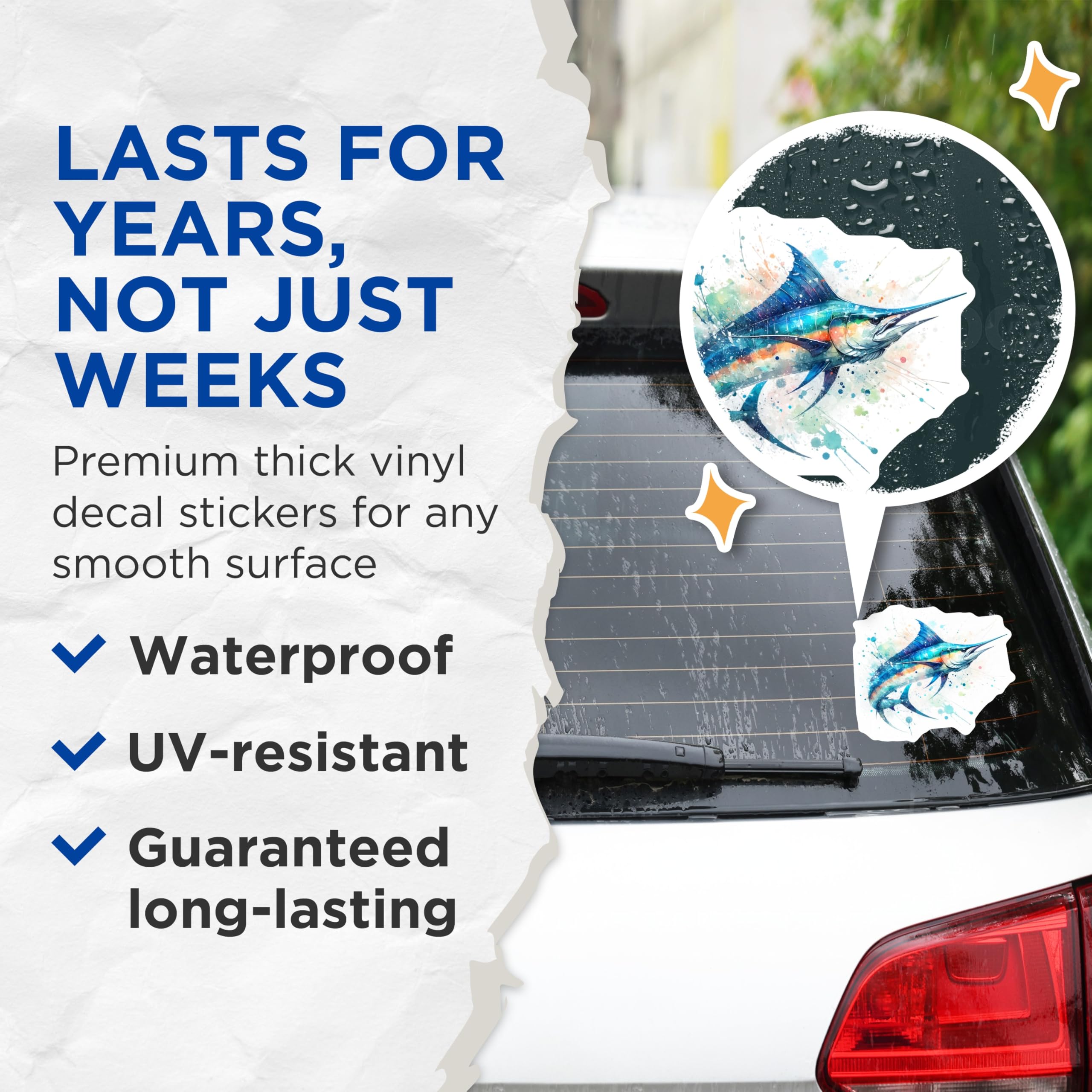 Watercolor Marlin Sticker, Ocean Fish Art, Blue Marlin Decal, Coastal Decor, Fishing Gift, Sea Life Stickers - 5" On Longest Side - Sticks to Smooth Flat Surfaces - Made in USA - BMCS14158