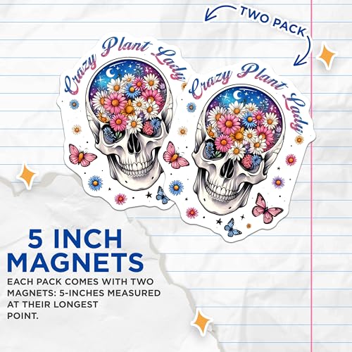 (2 Pack) Crazy Plant Lady Magnets - Skull Flowers - Butterfly Decor - Unique Floral Skull Design - 5" On Longest Side - for Cars, Fridges, Toolboxes - Made in USA - MAG7375