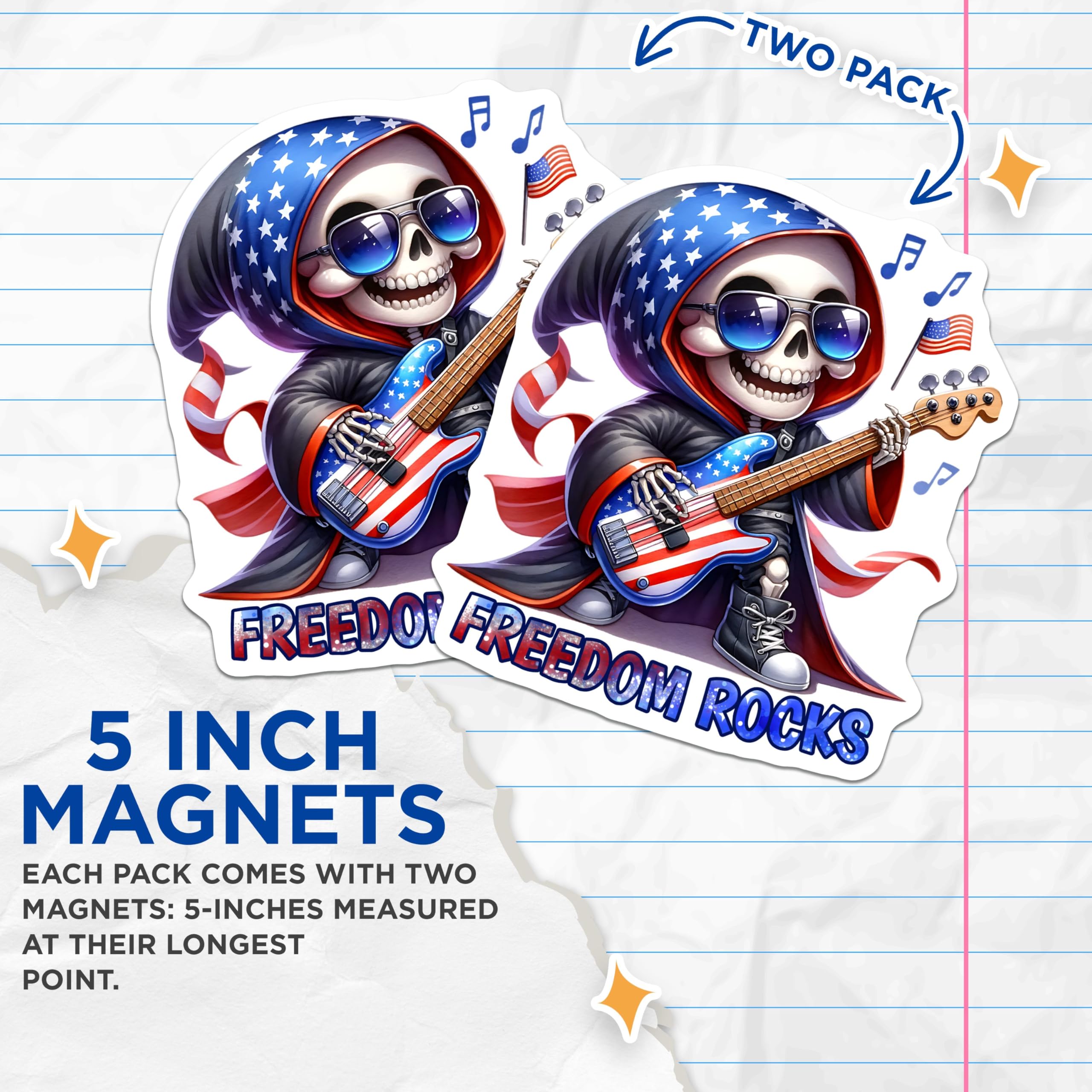 (2 Pack) Freedom Rocks Magnets - Patriotic Skeleton Playing Guitar - American Flag Music Decor - 5" On Longest Side - for Cars, Fridges, Toolboxes - Made in USA - MAG7918