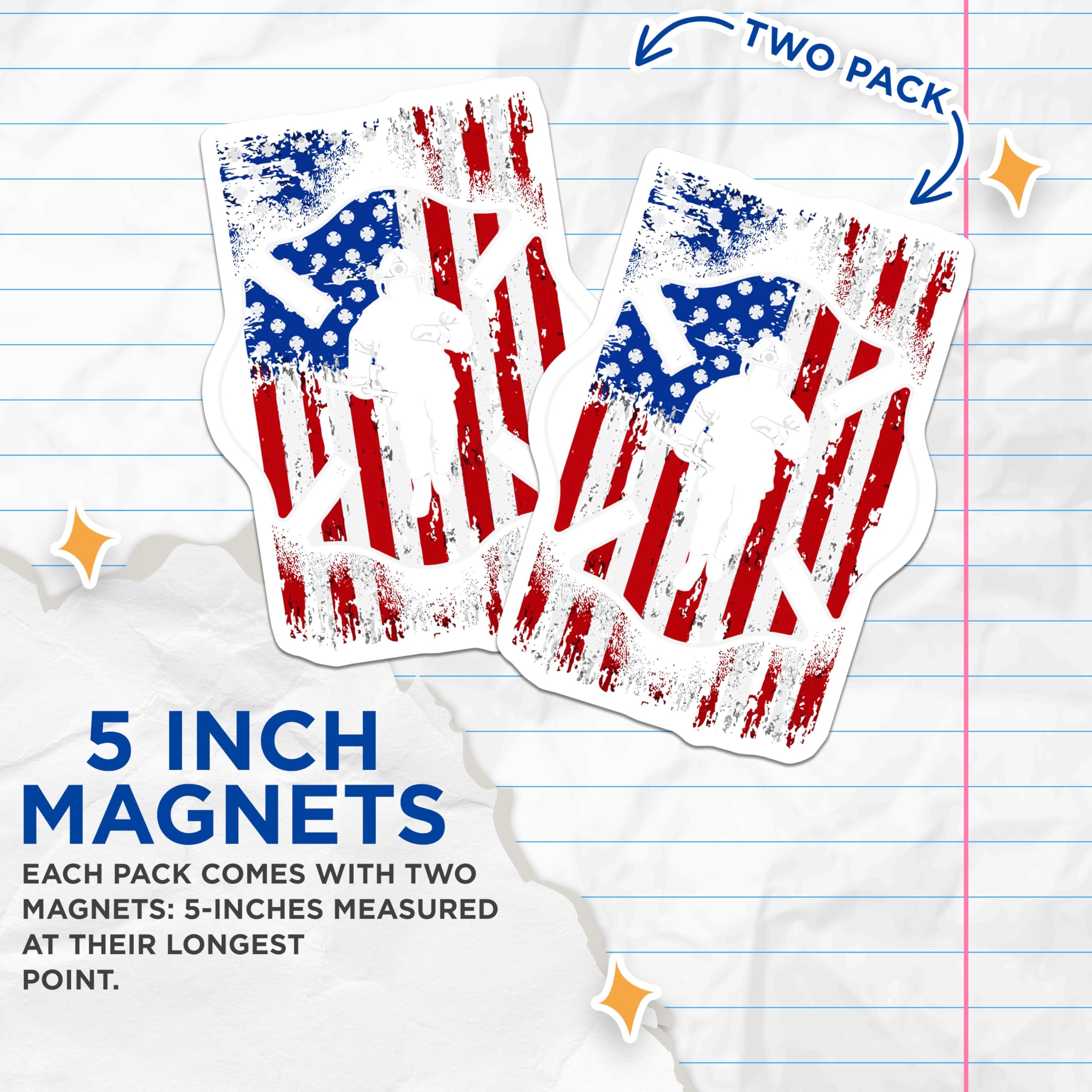 (2 Pack) Firefighter Hero Magnets - Distressed American Flag Art - Maltese Cross Emblem - Patriotic First Responder Support - 5 Inches On Longest Side - Thick Durable Magnet - Made in USA - MAG22900