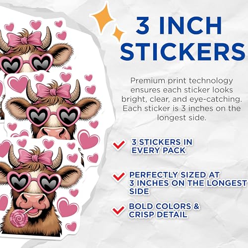 (3 Pack) Cow with Hearts Decals - Cute Animal - Laptop Decal - 3 Inches On Longest Side - Easy Peel & Apply - Made in USA - 3MCS2382