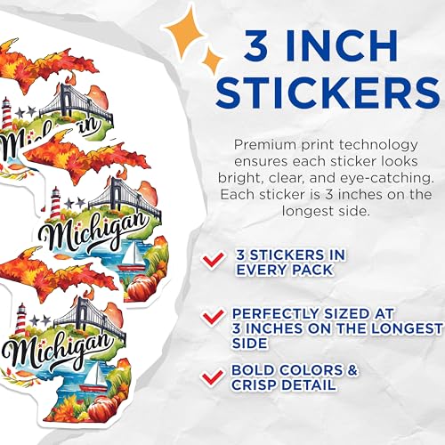 (3 Pack) Michigan Decals - Watercolor State - Michigan Laptop Decals- 3 Inches On Longest Side - Easy Peel & Apply - Made in USA - 3MCS5049